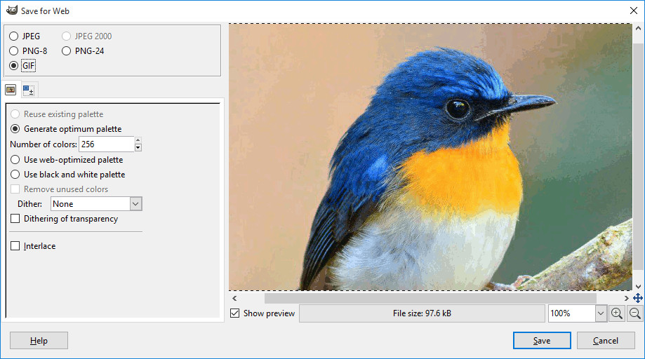 Gimp save for web gif screenshot