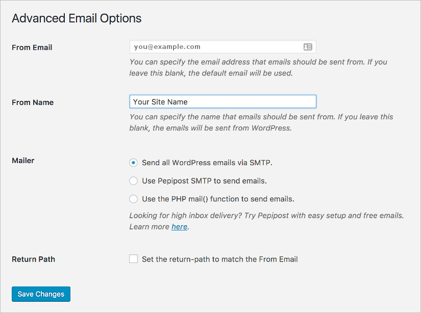 wp smtp plugin settings screenshot