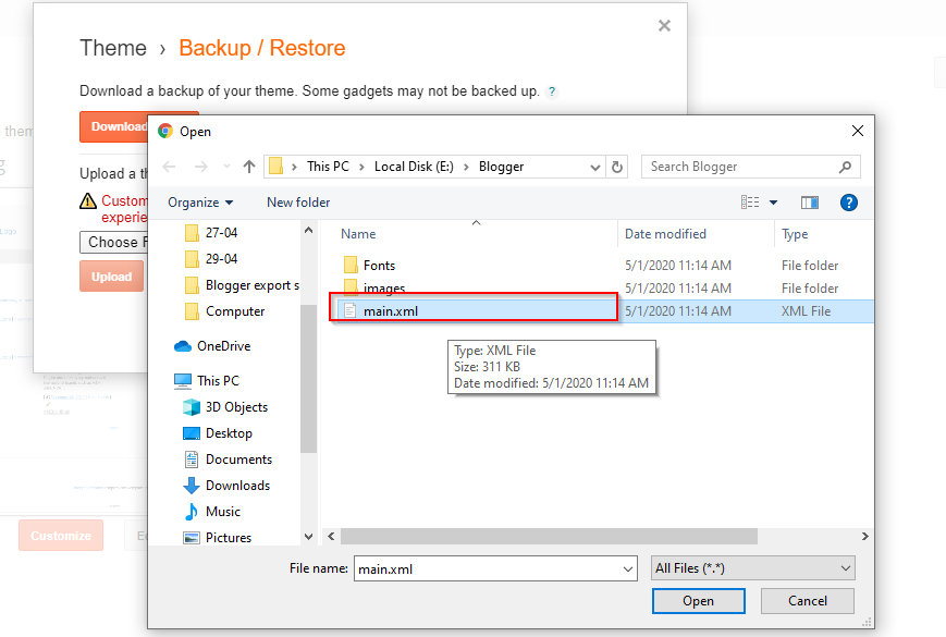 blogger theme export upload instructions step 7