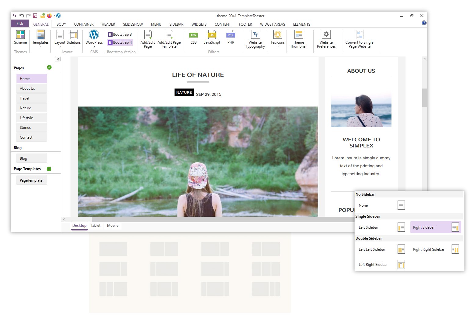 Custom create page layout options with blogger template maker