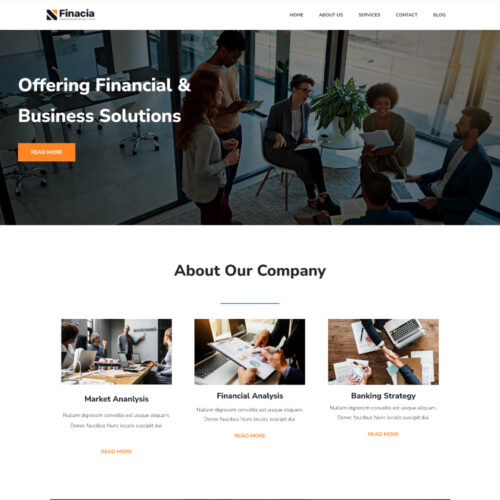 Finacia Joomla template homepage design for financial consulting and business websites showcasing services and corporate layout