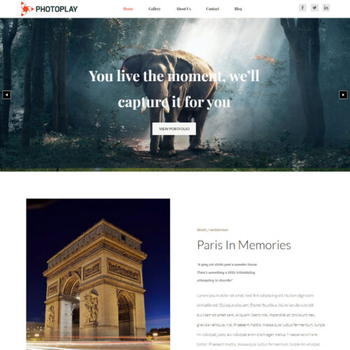 PhotoLoom Joomla template homepage showing photography portfolio design with hero image and gallery layout