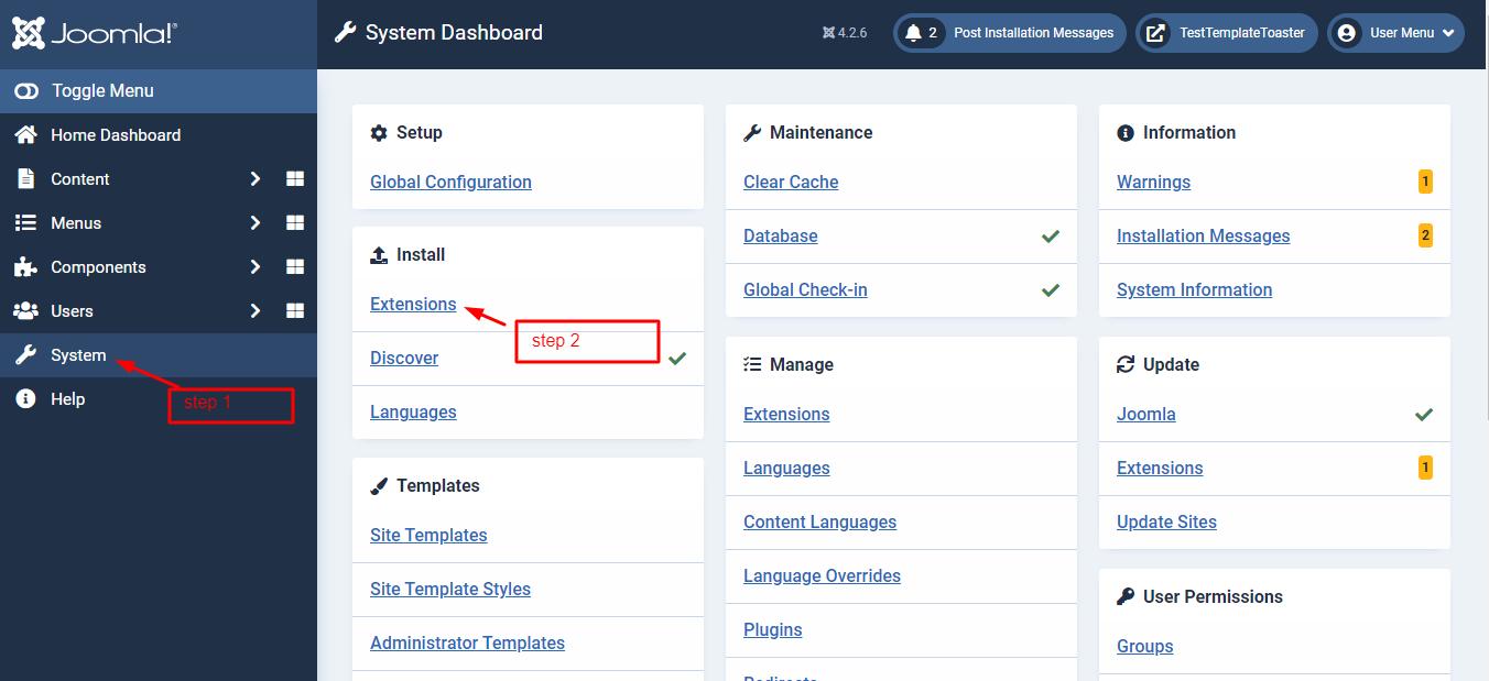 Go to Joomla 4 Dashboard System Extensions